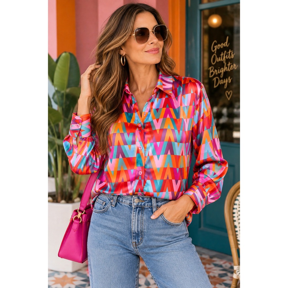Jodifl Womens Geometric Chevron Satin Button Down Blouse Pink Orange Multi M